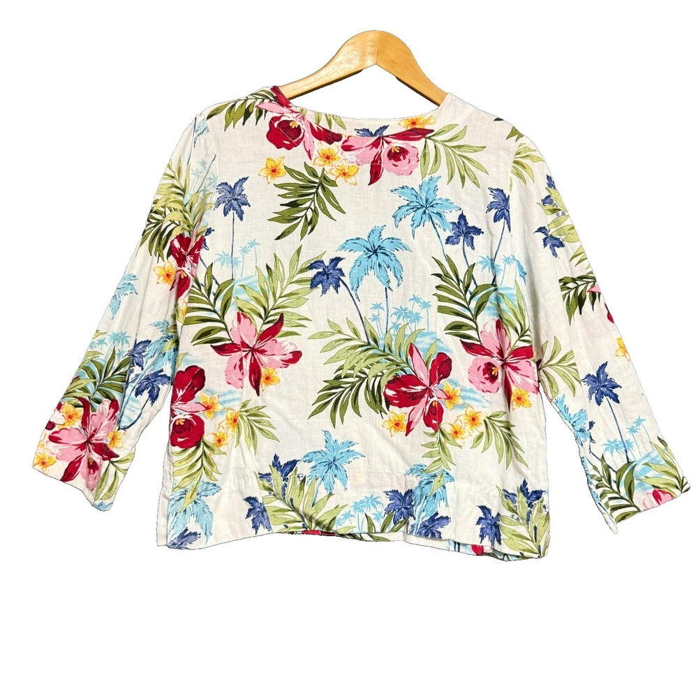 Vintage 90s Hot Cotton Top Womens M Petite Floral Tropical Coastal Grandma Boho